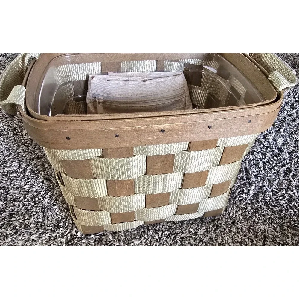 Longaberger Small Tan Green Side Handled To‎ Go Tote Nylon & Wood Basket